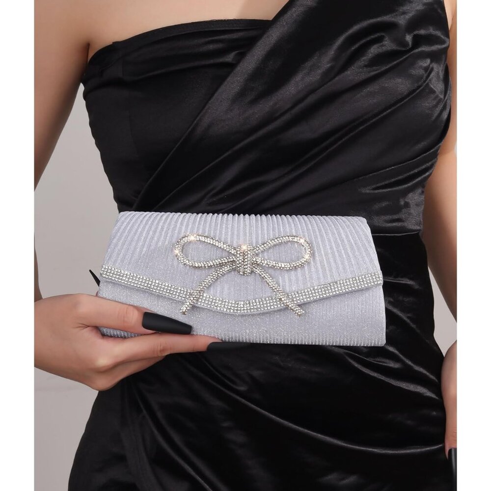 ⚡ Women's Silver Bow Sparkly Glitter Evening Rhinestone Party Prom Clutch Bag